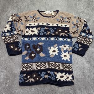 Vintage Point Zero Nicole Benisti 100% Shetland Wool abstract floral sweater L
